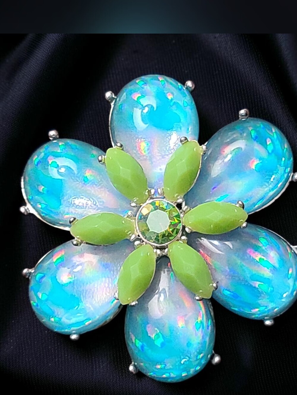 Iridescent Blue & Lime Flower Brooch - Fashion Jewelry